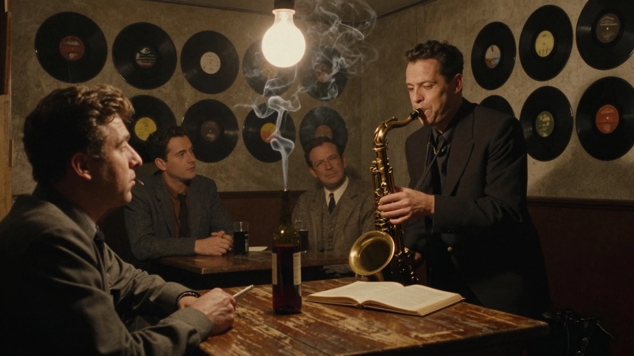 Intimate jazz club in Saint-Germain-des-Prés with smoke, music, and vintage decor under soft lighting.