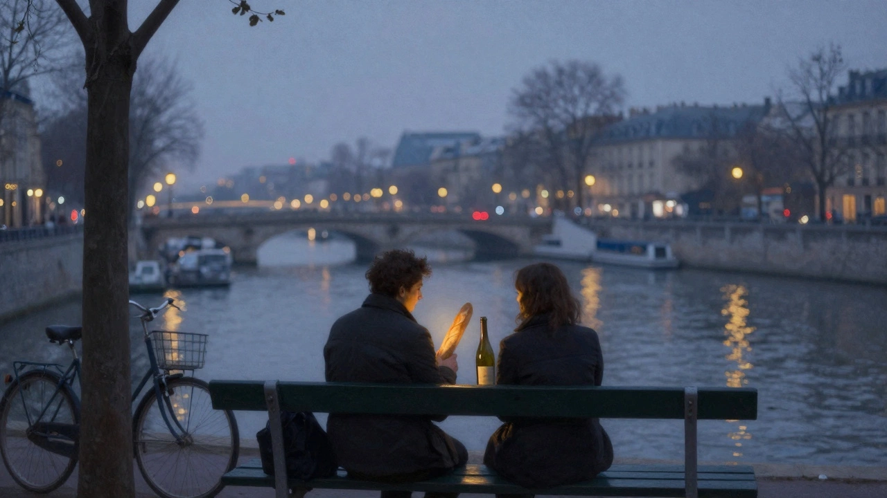 Two strangers sharing wine and bread on a canal bench at night, Paris lights reflecting on water.